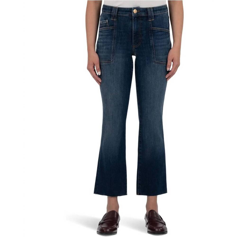 NEW KUT FROM THE KLOTH kelsey high rise flare front pockets inset raw hem jean i